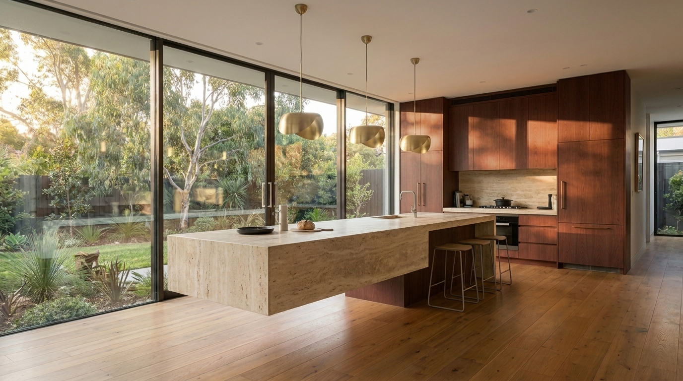 Kitchen with Rubra Oak cabinetry and Travertine benchtop
