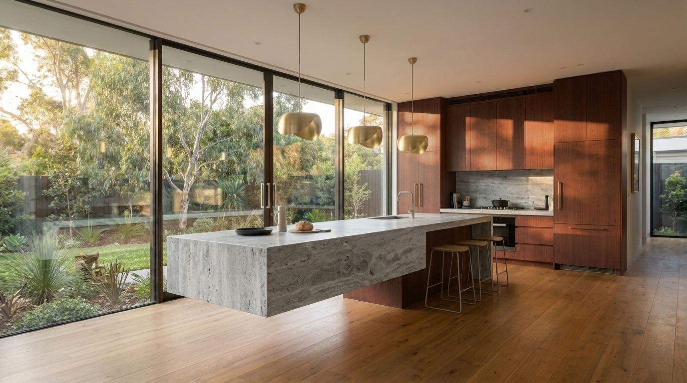 Kitchen with Rubra Oak cabinetry and Silver Travertine benchtop