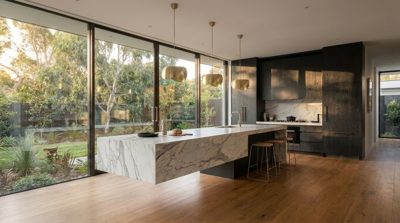 Kitchen with Blackened Oak cabinetry and Calacatta Vega benchtop