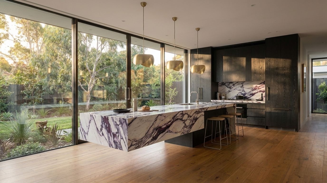 Kitchen with Blackened Oak cabinetry and Calacatta Viola benchtop