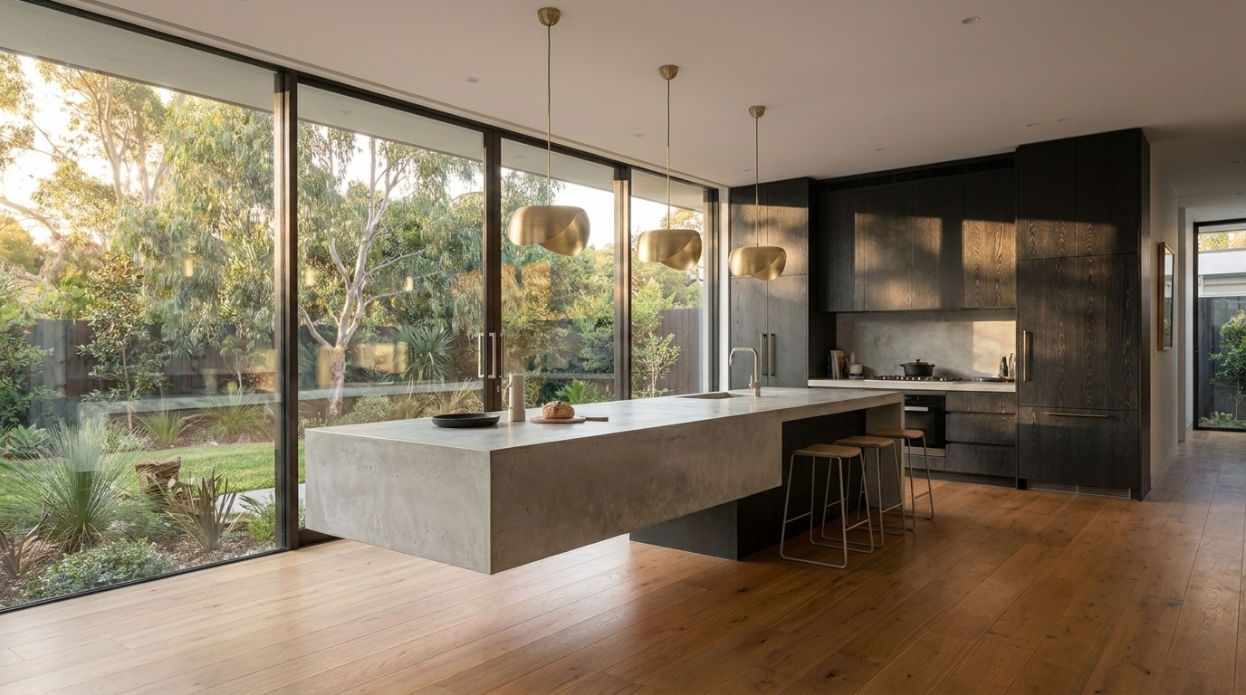 Kitchen with Blackened Oak cabinetry and Concrete benchtop