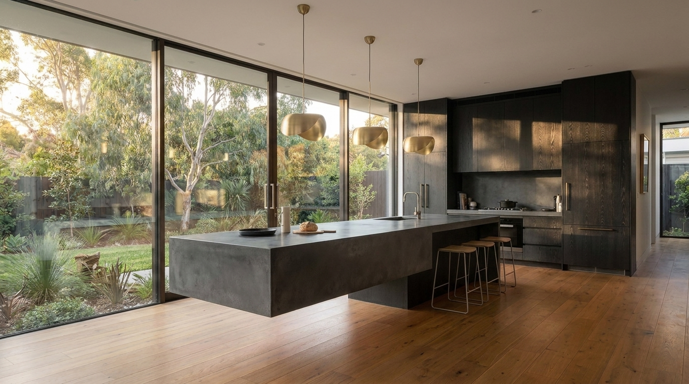 Kitchen with Blackened Oak cabinetry and Concrete Dark benchtop
