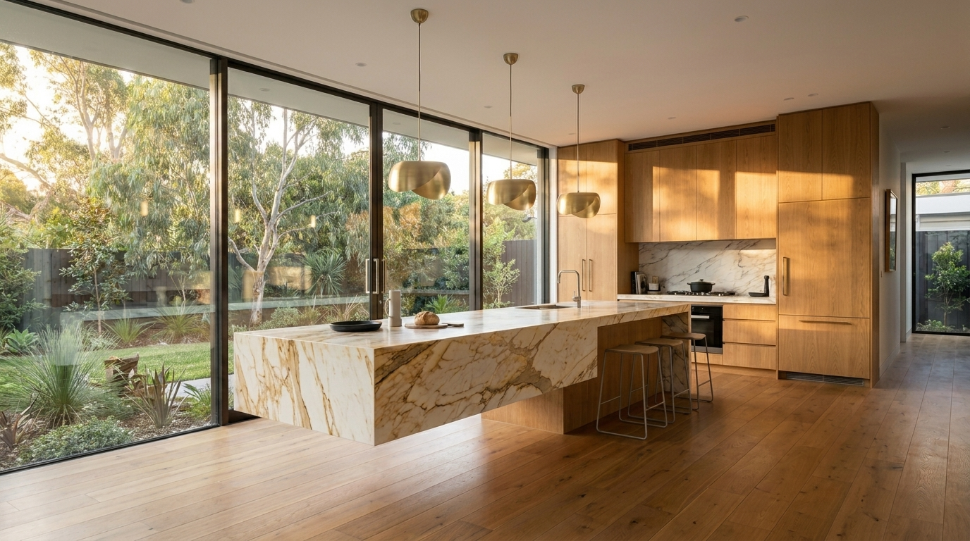 Kitchen with Warm Oak cabinetry and Calacatta Gold benchtop