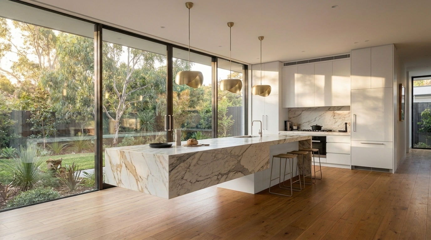 Kitchen with Matte White cabinetry and Calacatta Gold benchtop
