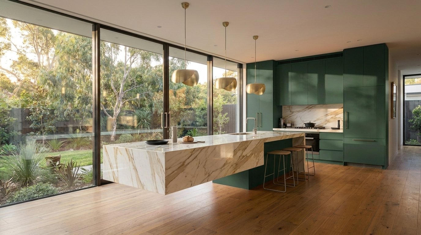 Kitchen with Botanic Green cabinetry and Calacatta Gold benchtop