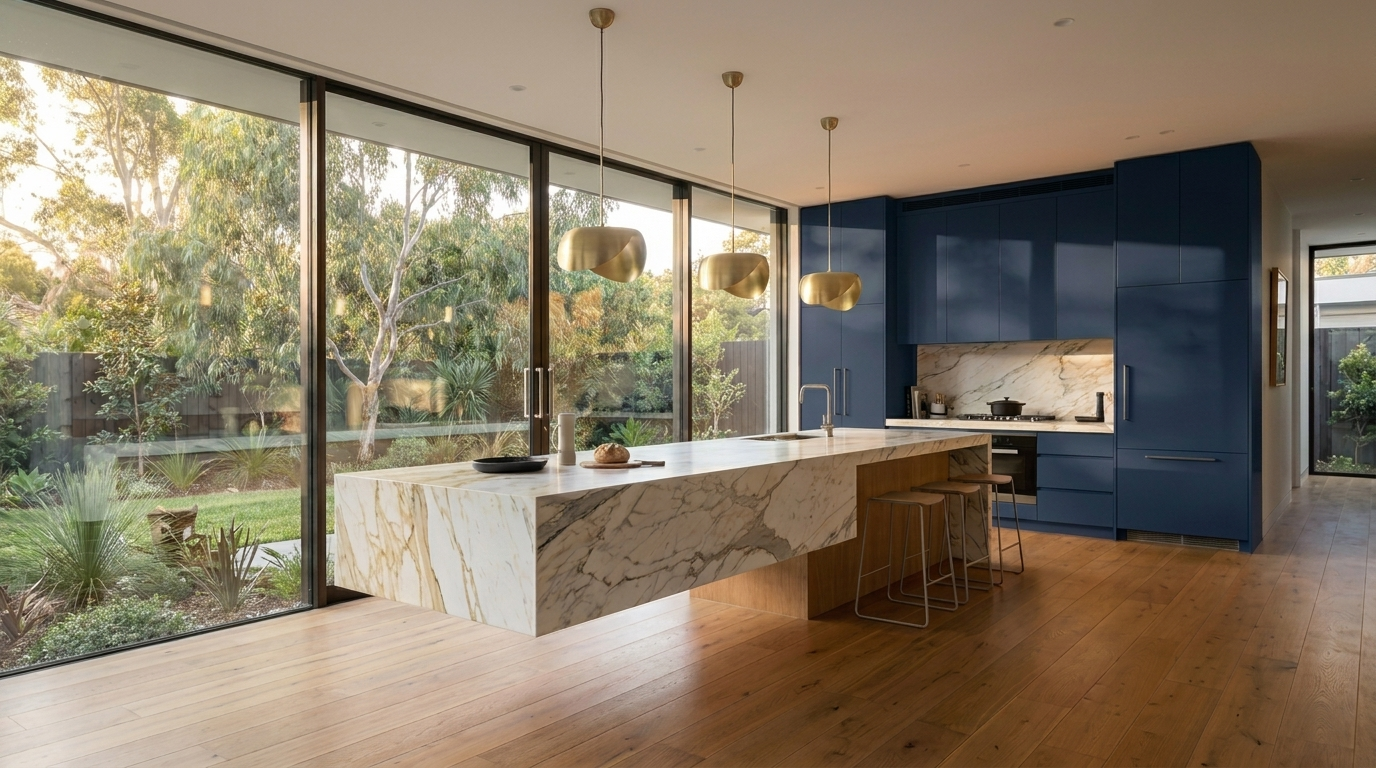Kitchen with Navy cabinetry and Calacatta Gold benchtop