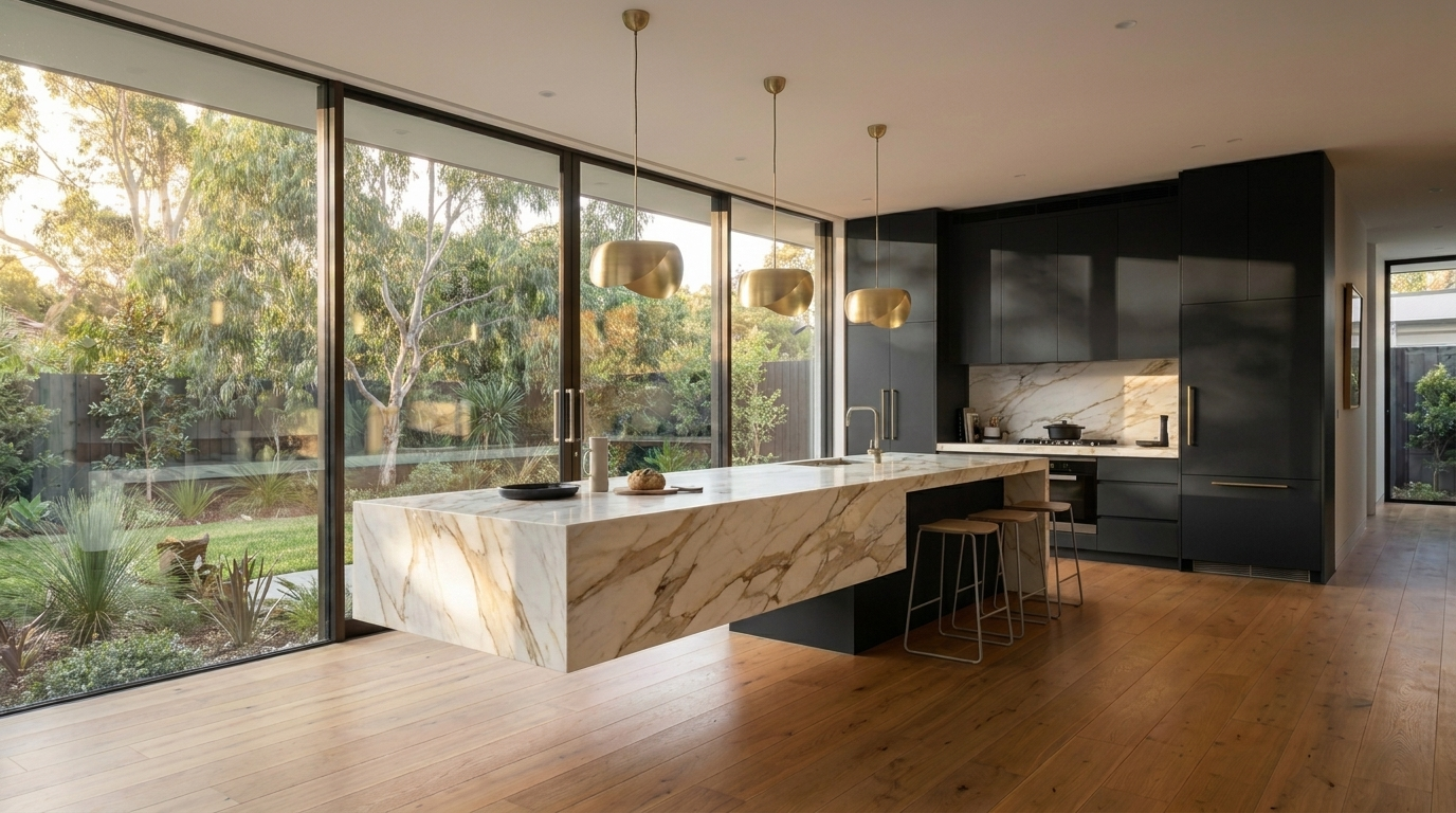 Kitchen with Black cabinetry and Calacatta Gold benchtop