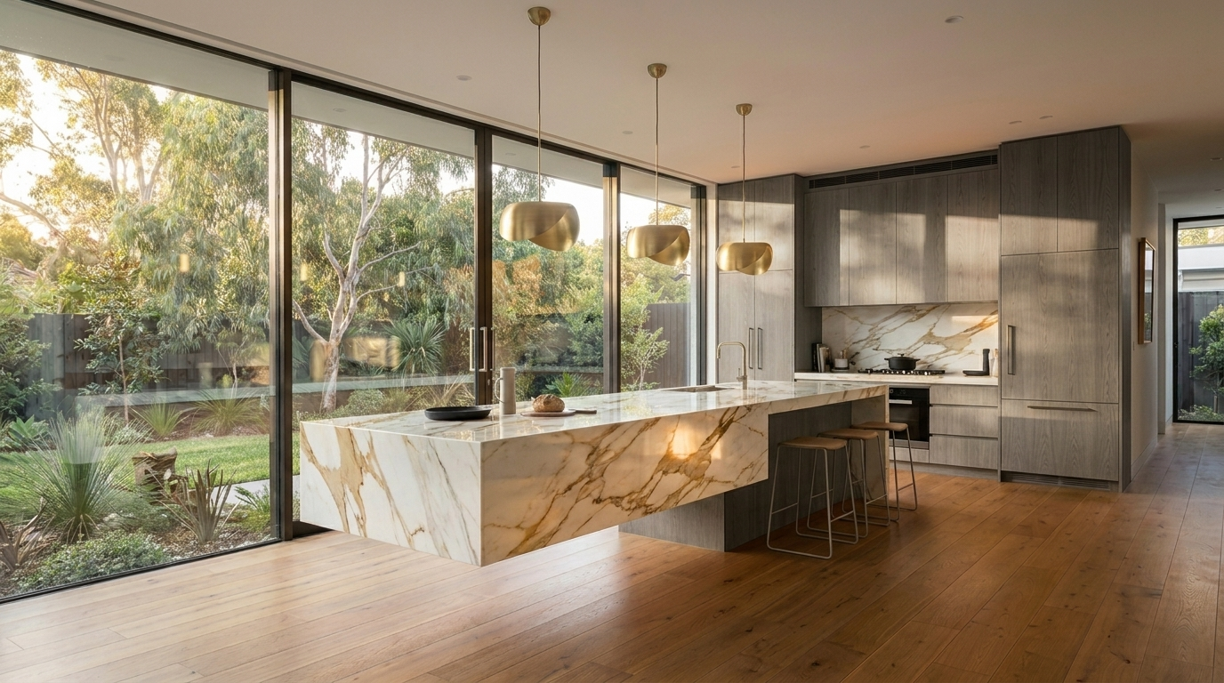Kitchen with District Oak cabinetry and Calacatta Gold benchtop