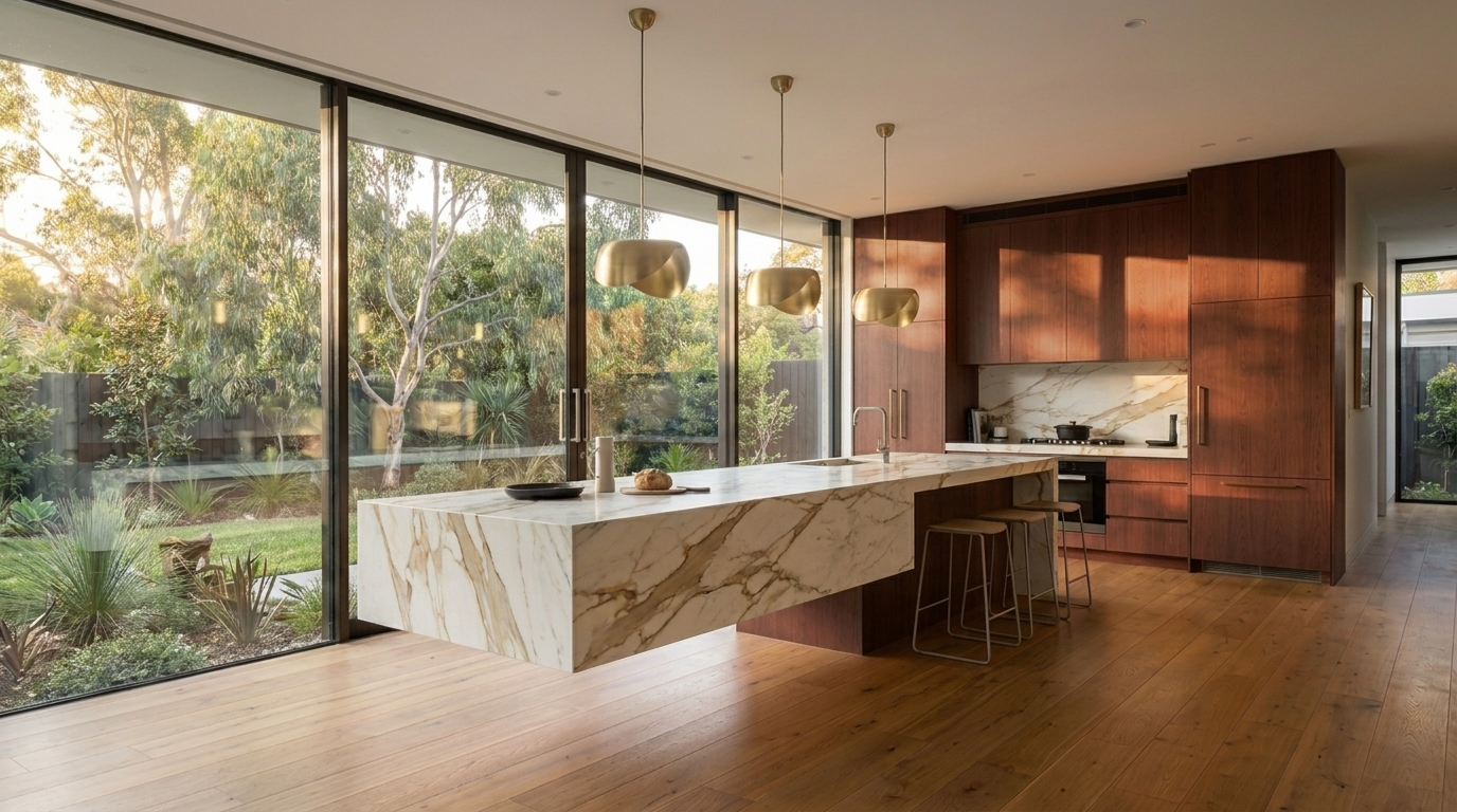 Kitchen with Rubra Oak cabinetry and Calacatta Gold benchtop