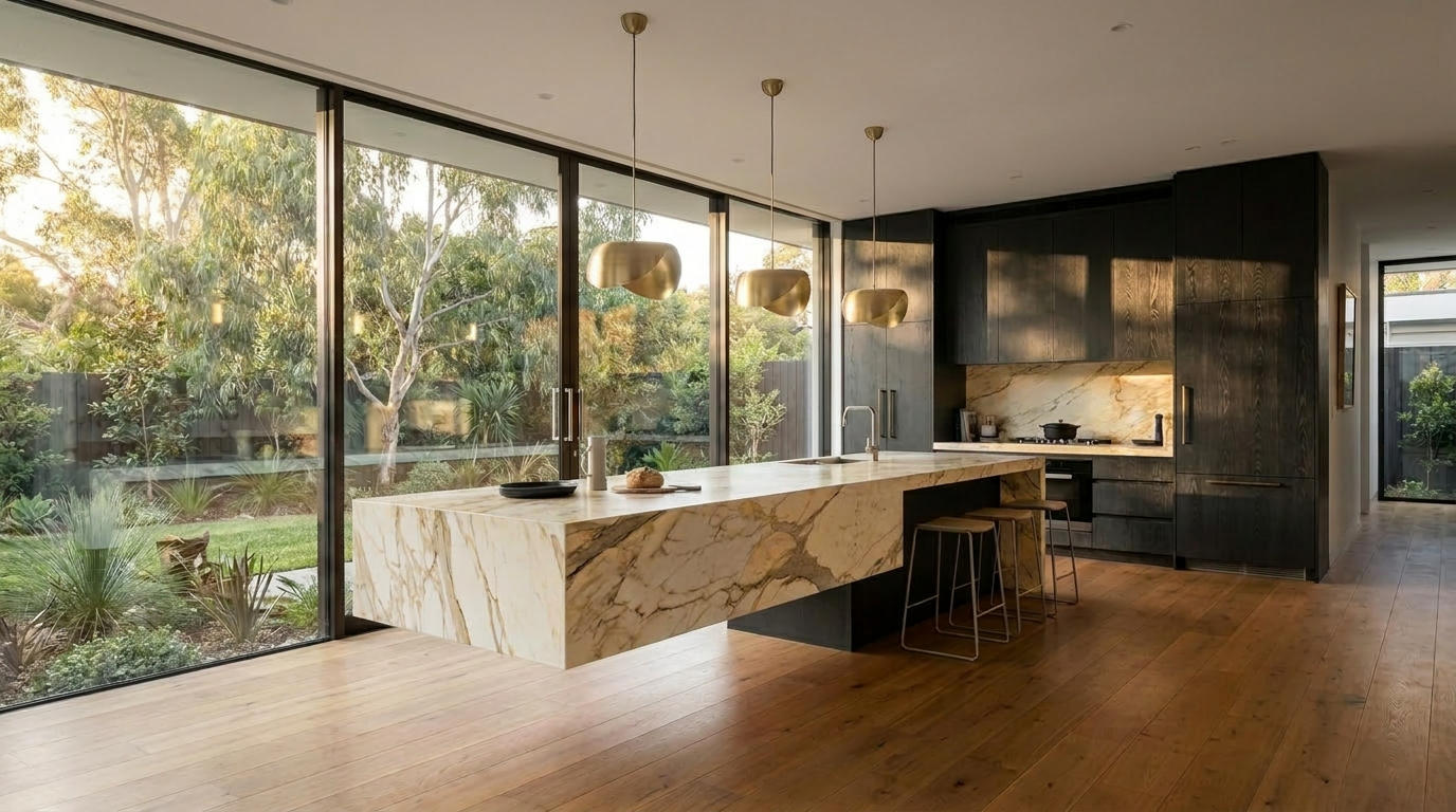 Kitchen with Blackened Oak cabinetry and Calacatta Gold benchtop