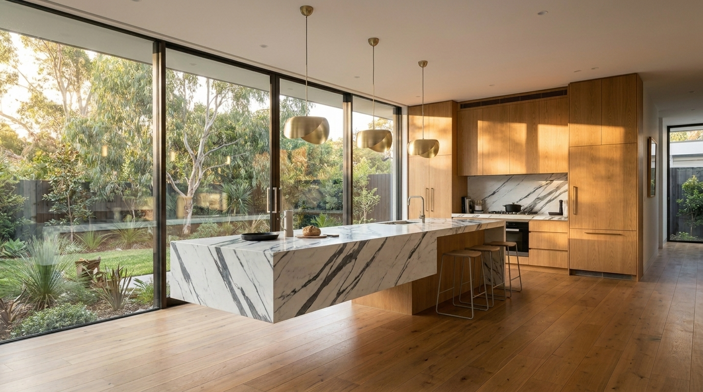 Kitchen with Warm Oak cabinetry and Statuario benchtop
