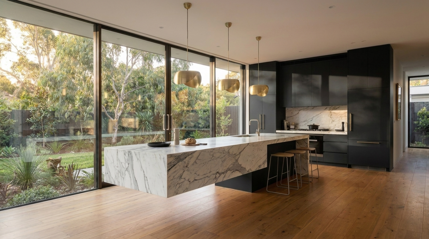 Kitchen with Black cabinetry and Statuario benchtop