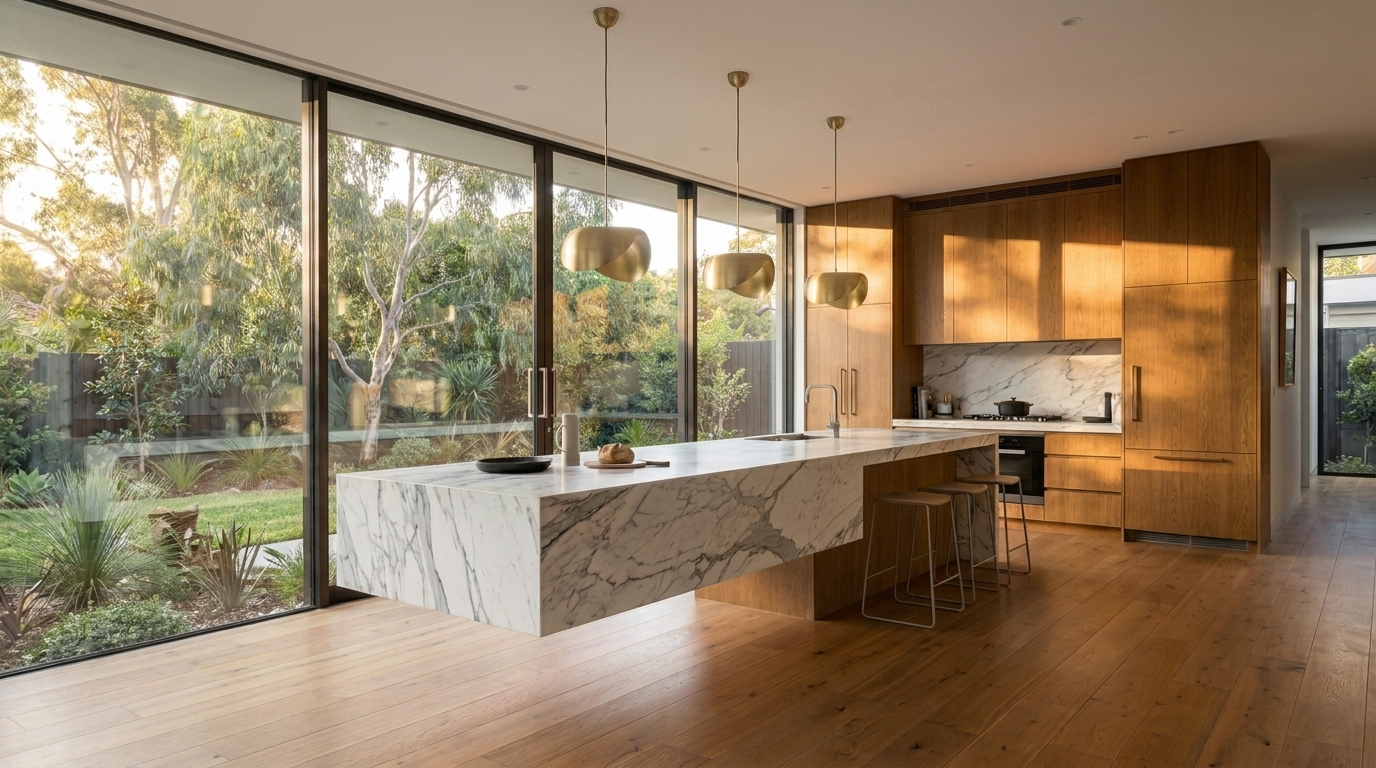 Kitchen with Bronzed Oak cabinetry and Statuario benchtop