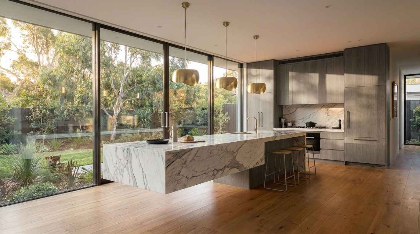 Kitchen with District Oak cabinetry and Statuario benchtop