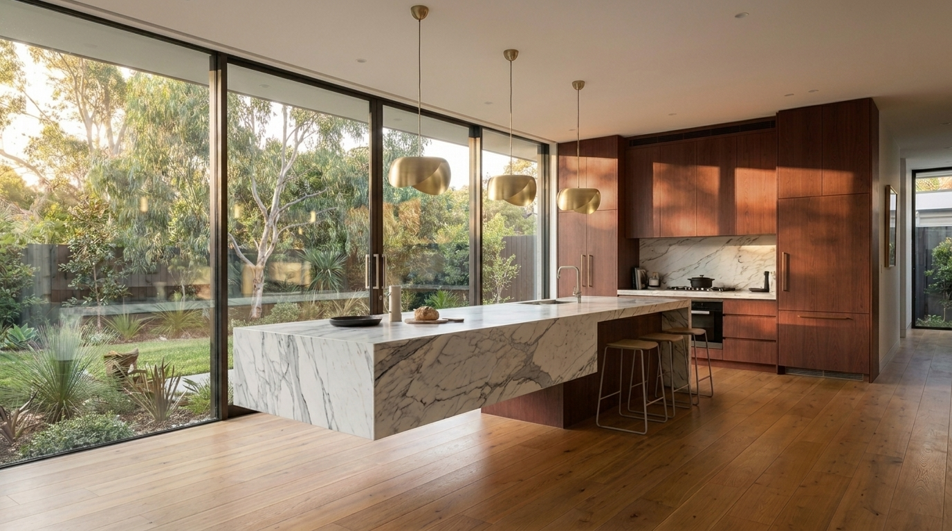Kitchen with Rubra Oak cabinetry and Statuario benchtop