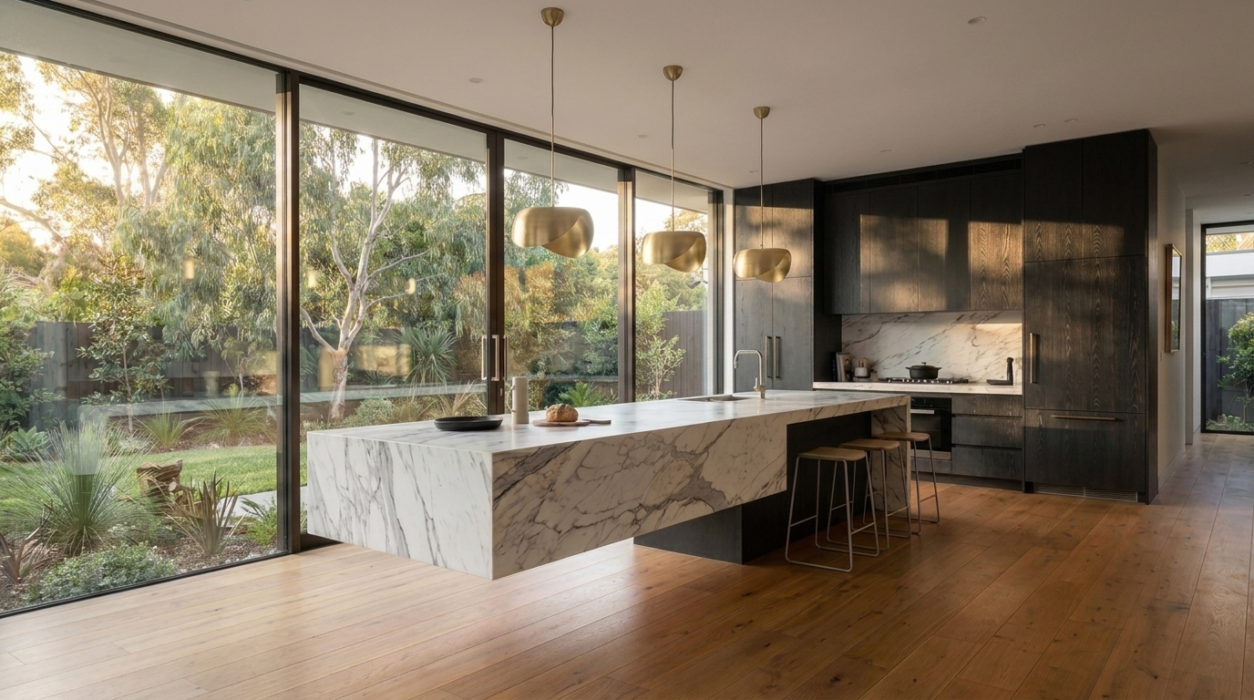 Kitchen with Blackened Oak cabinetry and Statuario benchtop