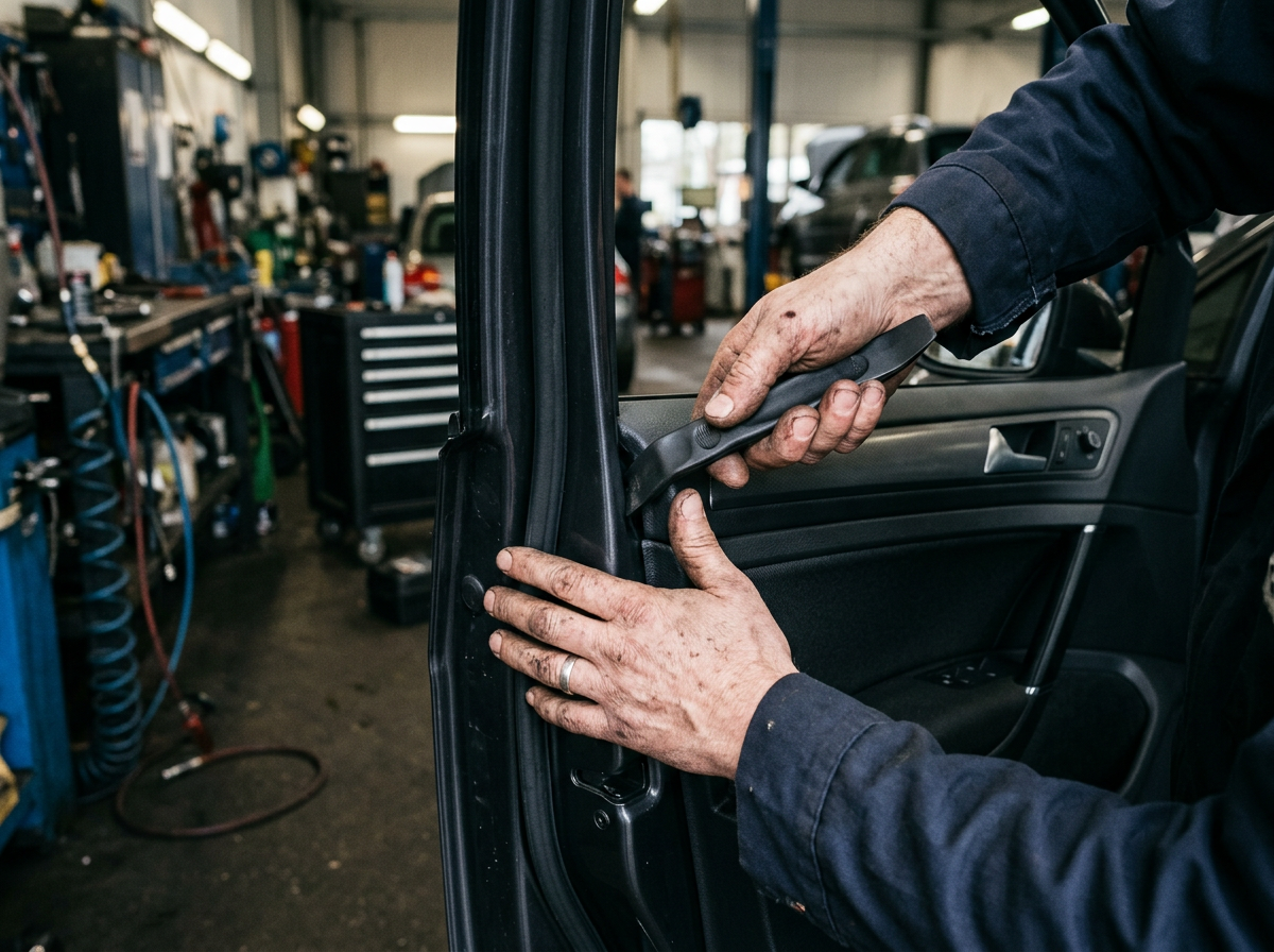 Using a nylon trim removal tool on a car door panel