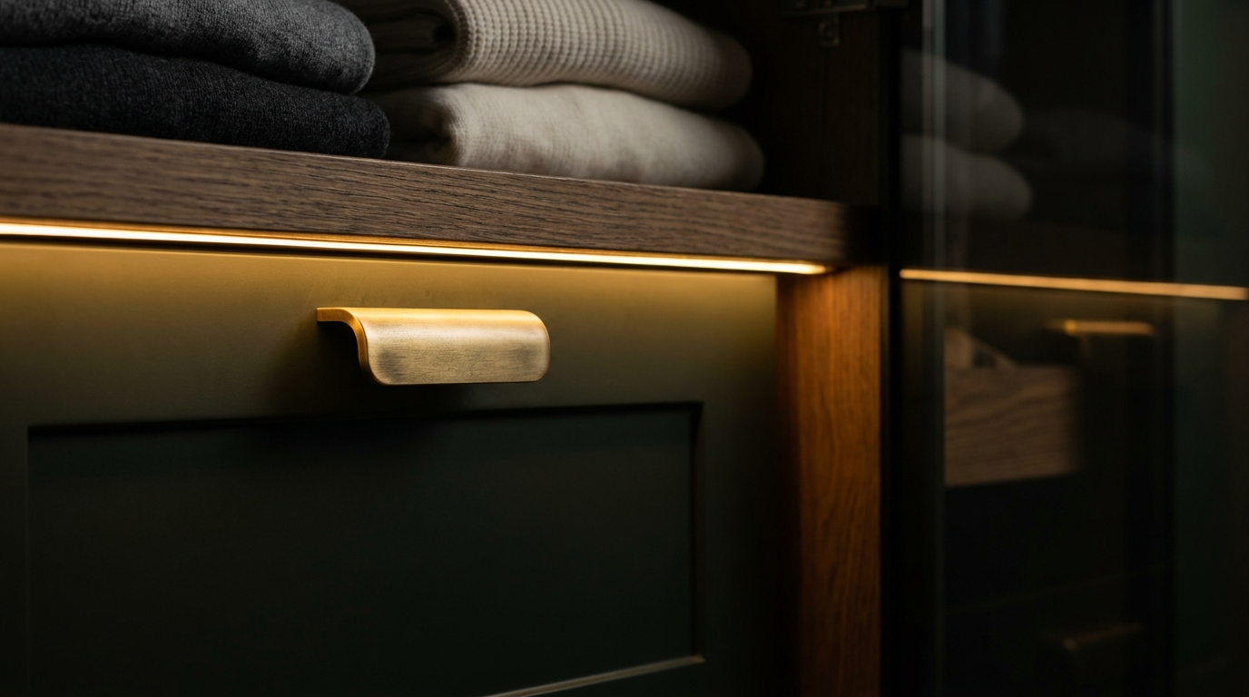 Close-up of brushed brass handle and LED-lit shelving on a Snap Wardrobes custom wardrobe