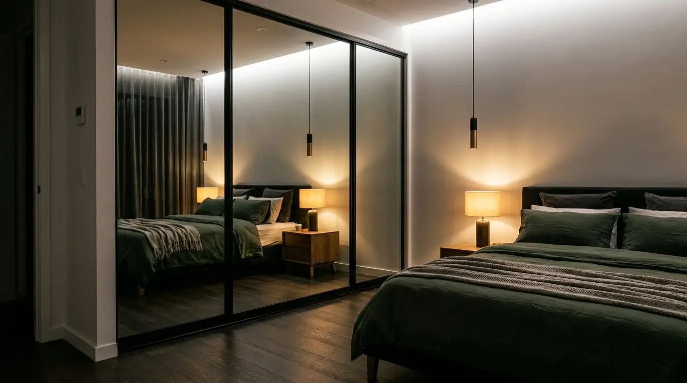 Black-frame mirror sliding door wardrobe