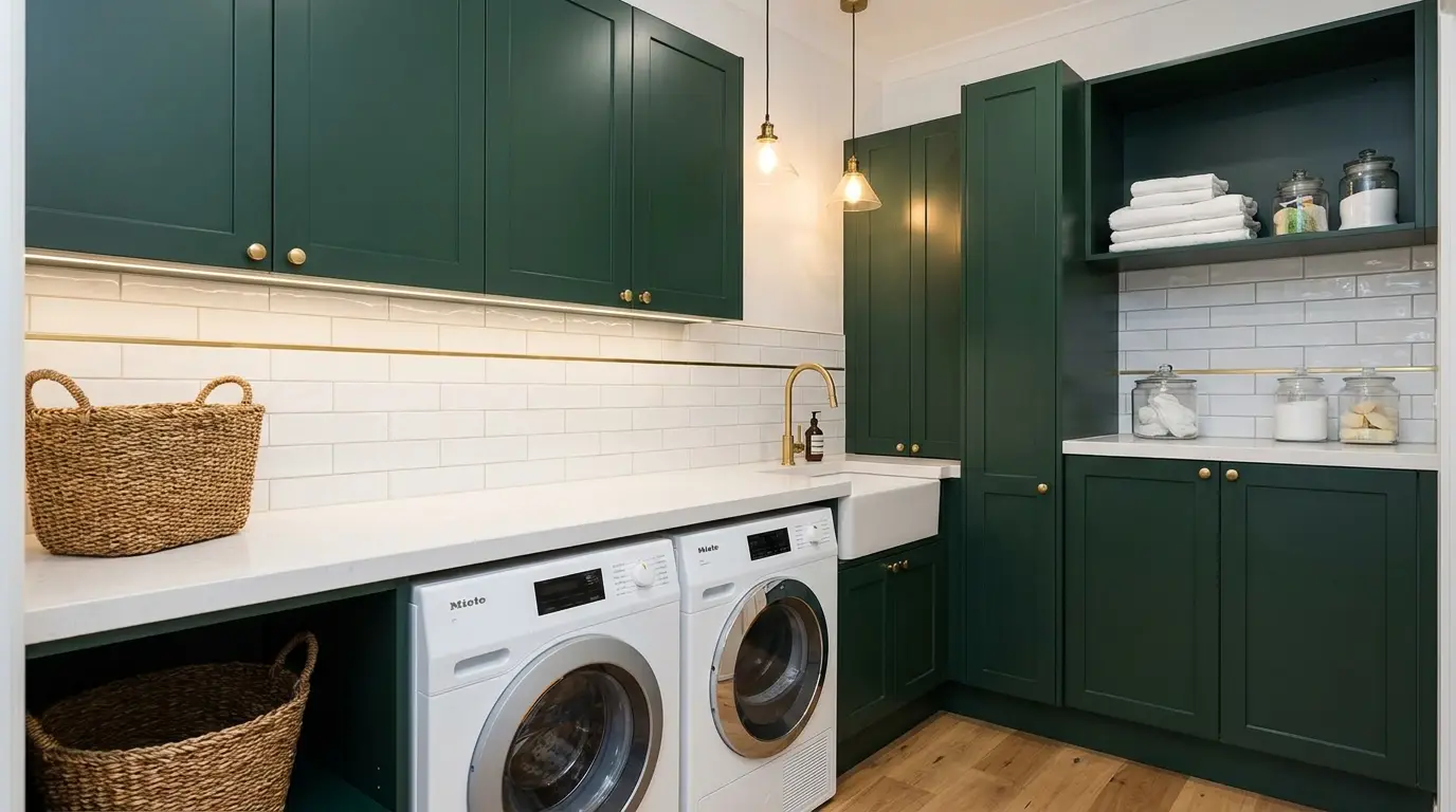Custom laundry cabinets in forest green with brass handles