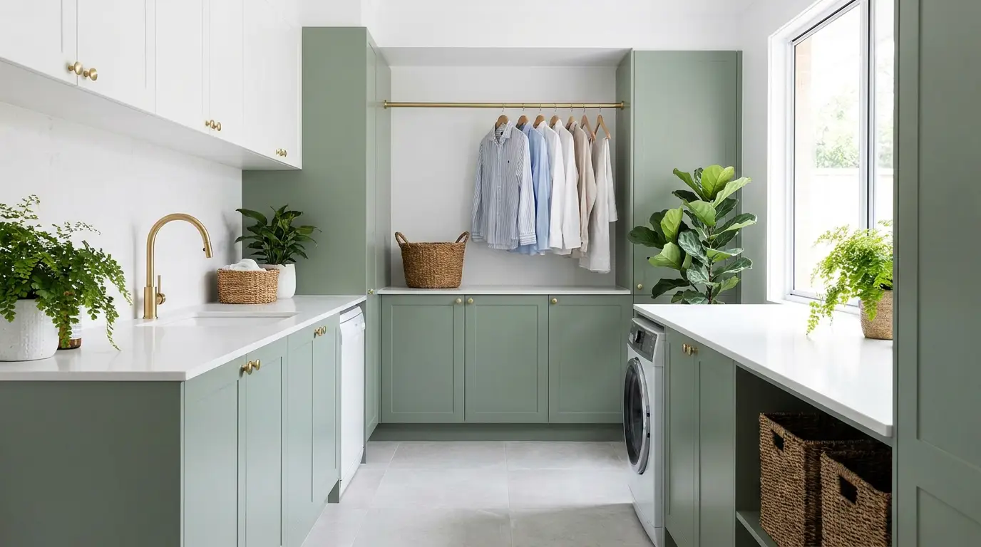 Fully renovated laundry with new cabinetry and tiles, Sydney