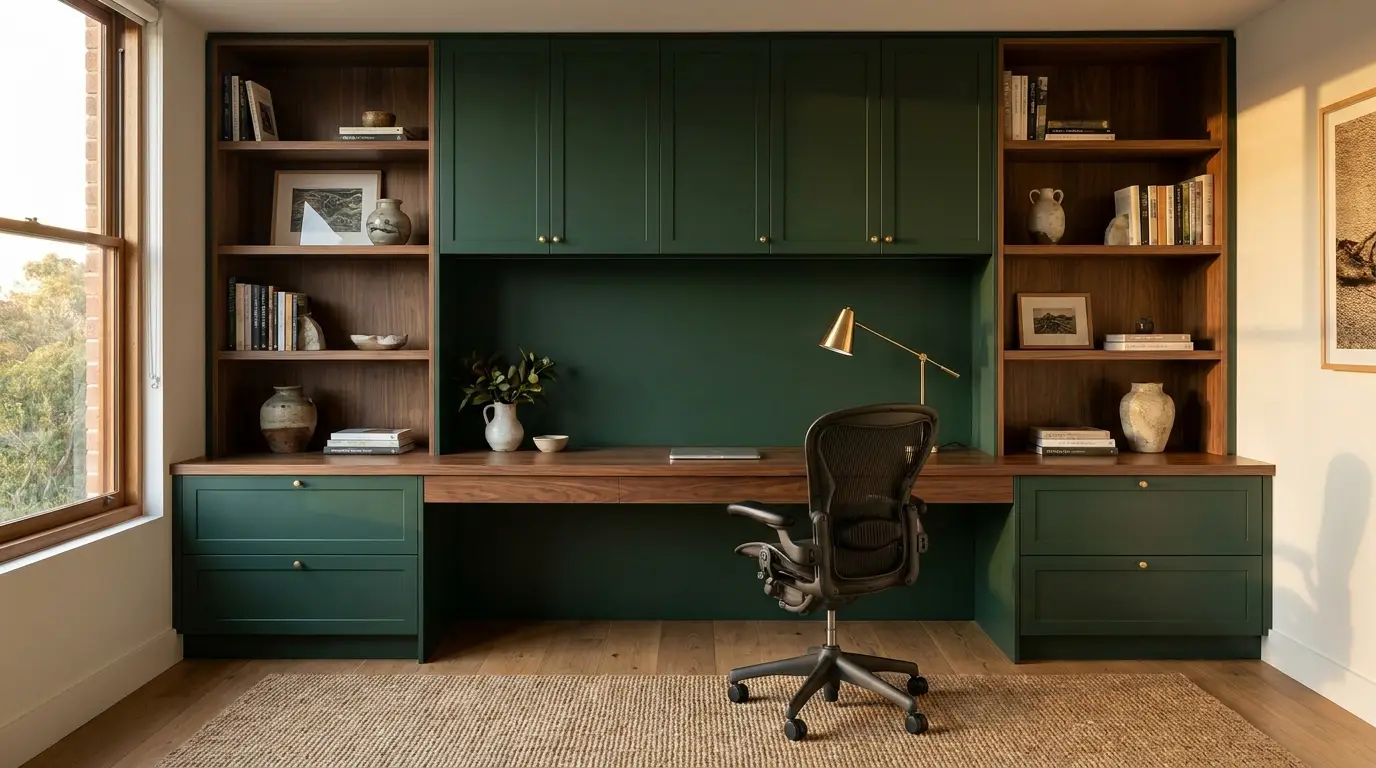 Custom built-in home office cabinetry with oak desk