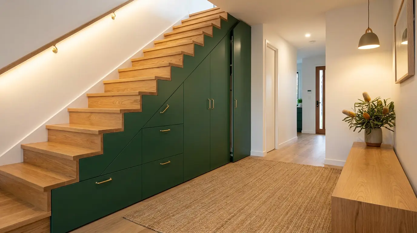 Under-stairs storage drawers with brass handles