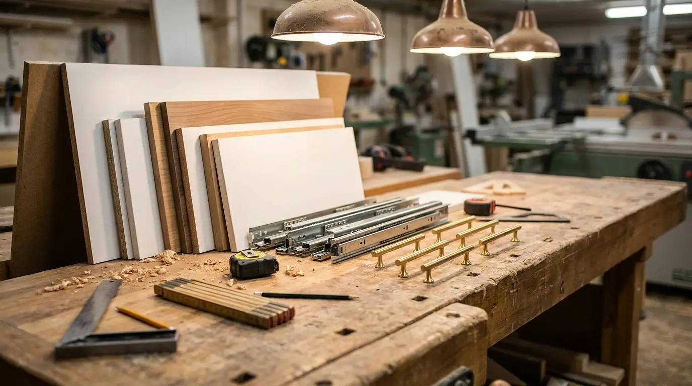 Cabinet making materials and hardware on workshop bench
