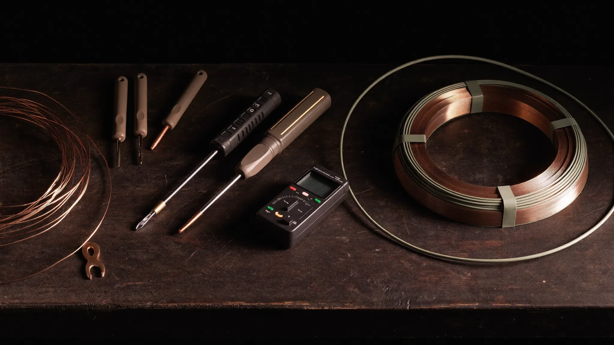Electrician workbench with torque driver, strippers, and copper spool