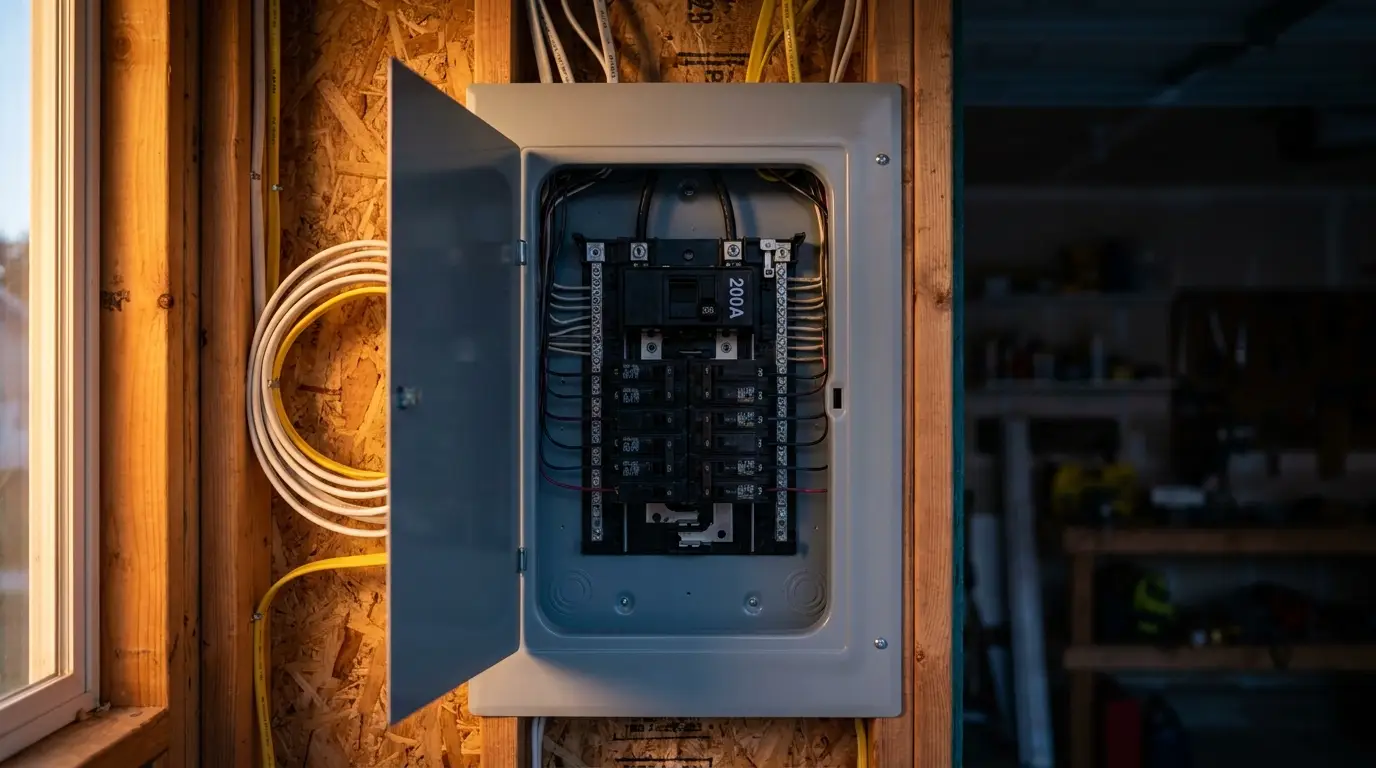 Open 200A electrical panel with copper conductors in warm light