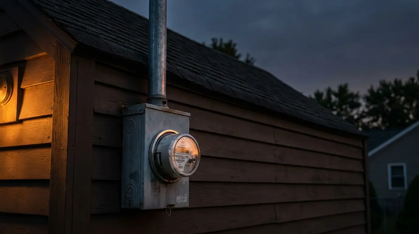 New electrical meter can and service mast at dusk