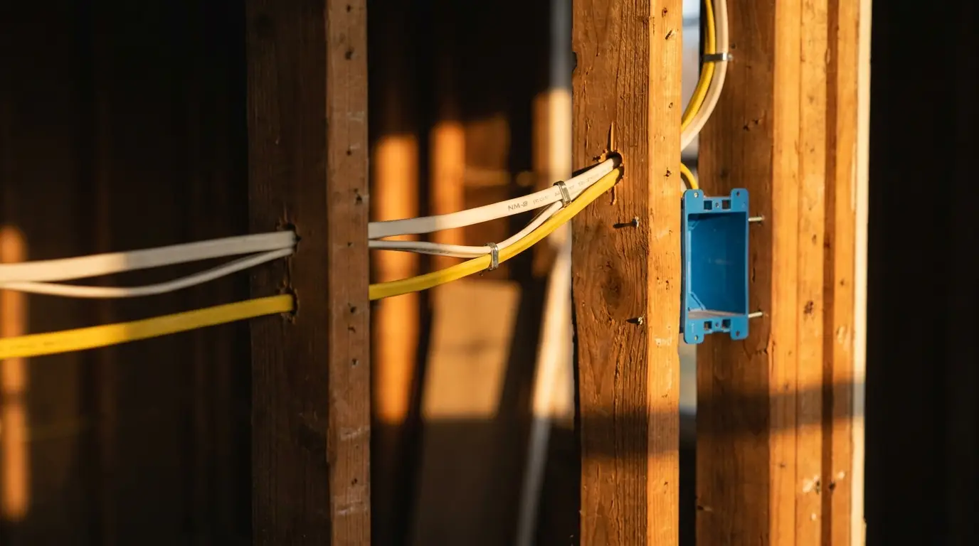 Copper Romex runs stapled through wall studs during a remodel rough-in