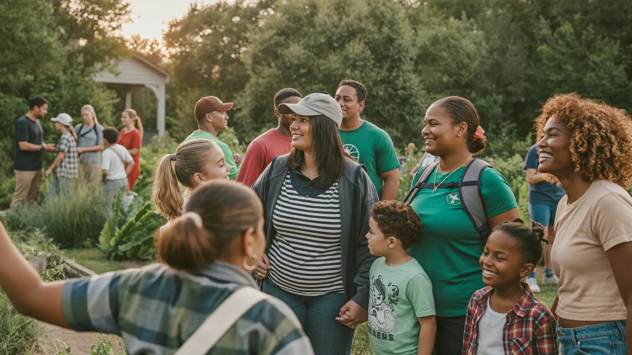 Families and volunteers gathered in a community garden at golden hour