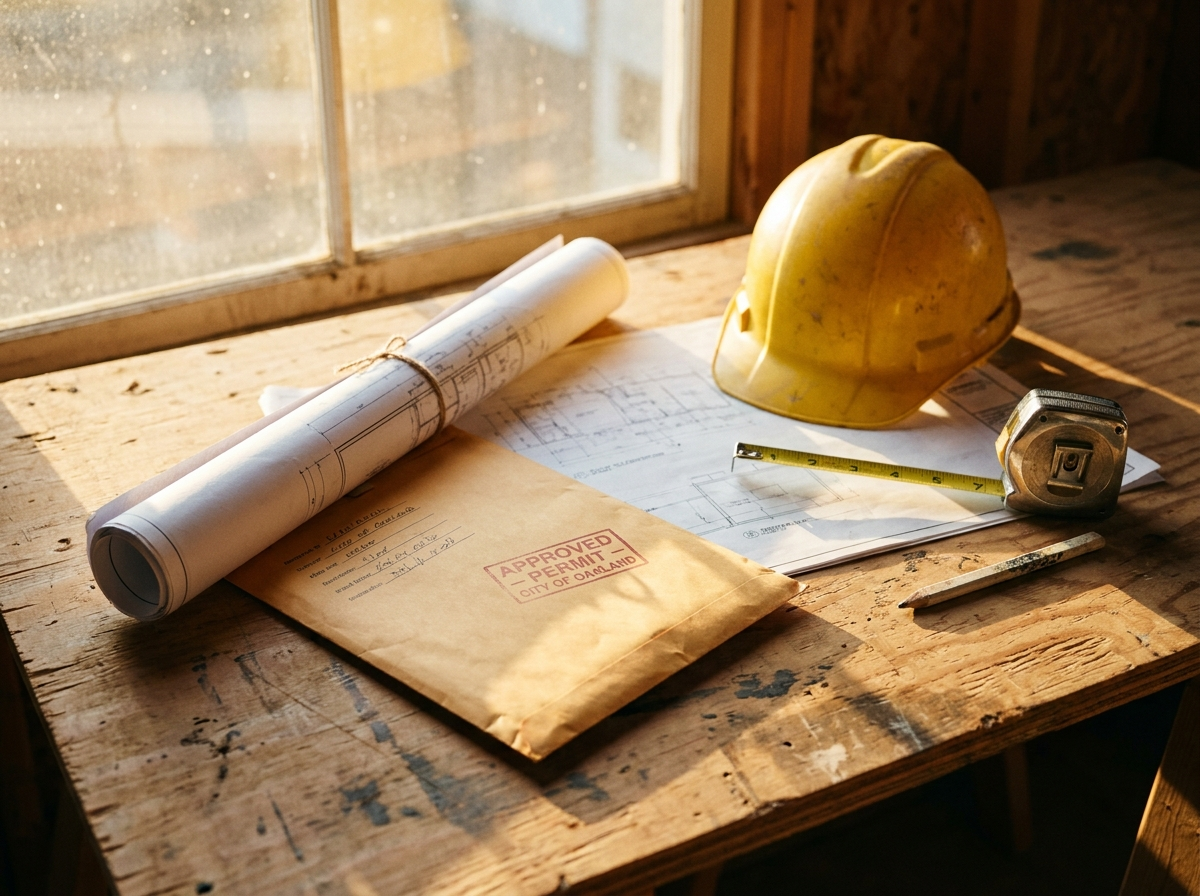 Stamped permit set on a work table