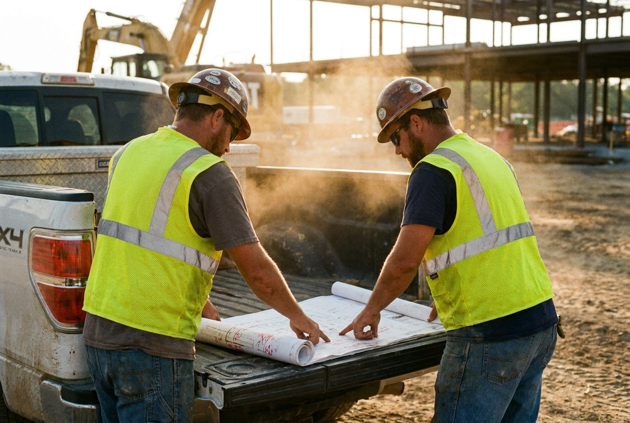 Two contractors reviewing construction drawings on a jobsite