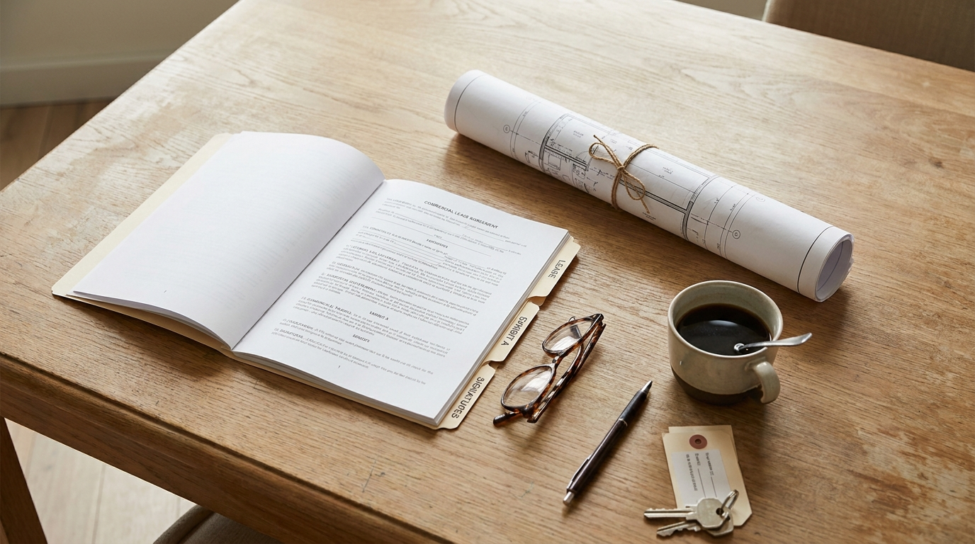 Lease document, floor plan and keys on a conference table
