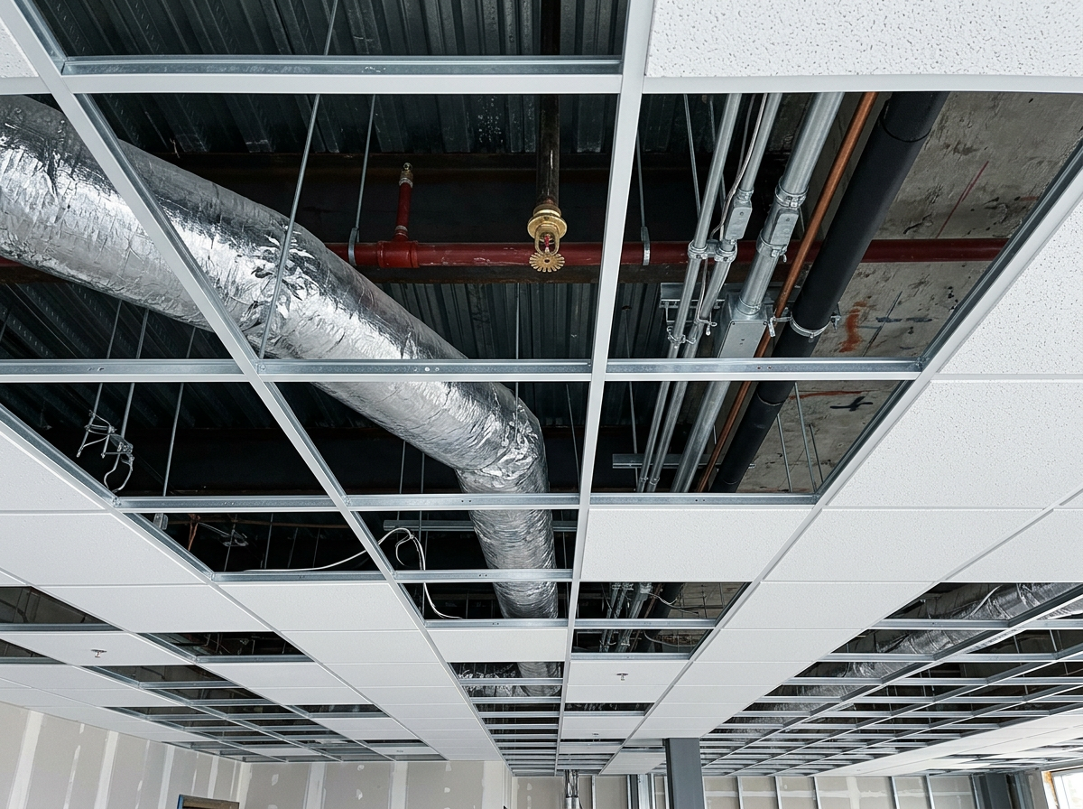Suspended ceiling grid with exposed services above