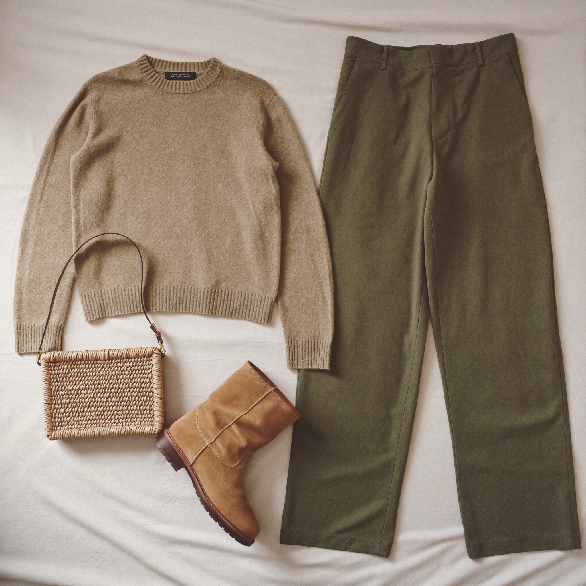 Curated capsule wardrobe flat lay in earth tones
