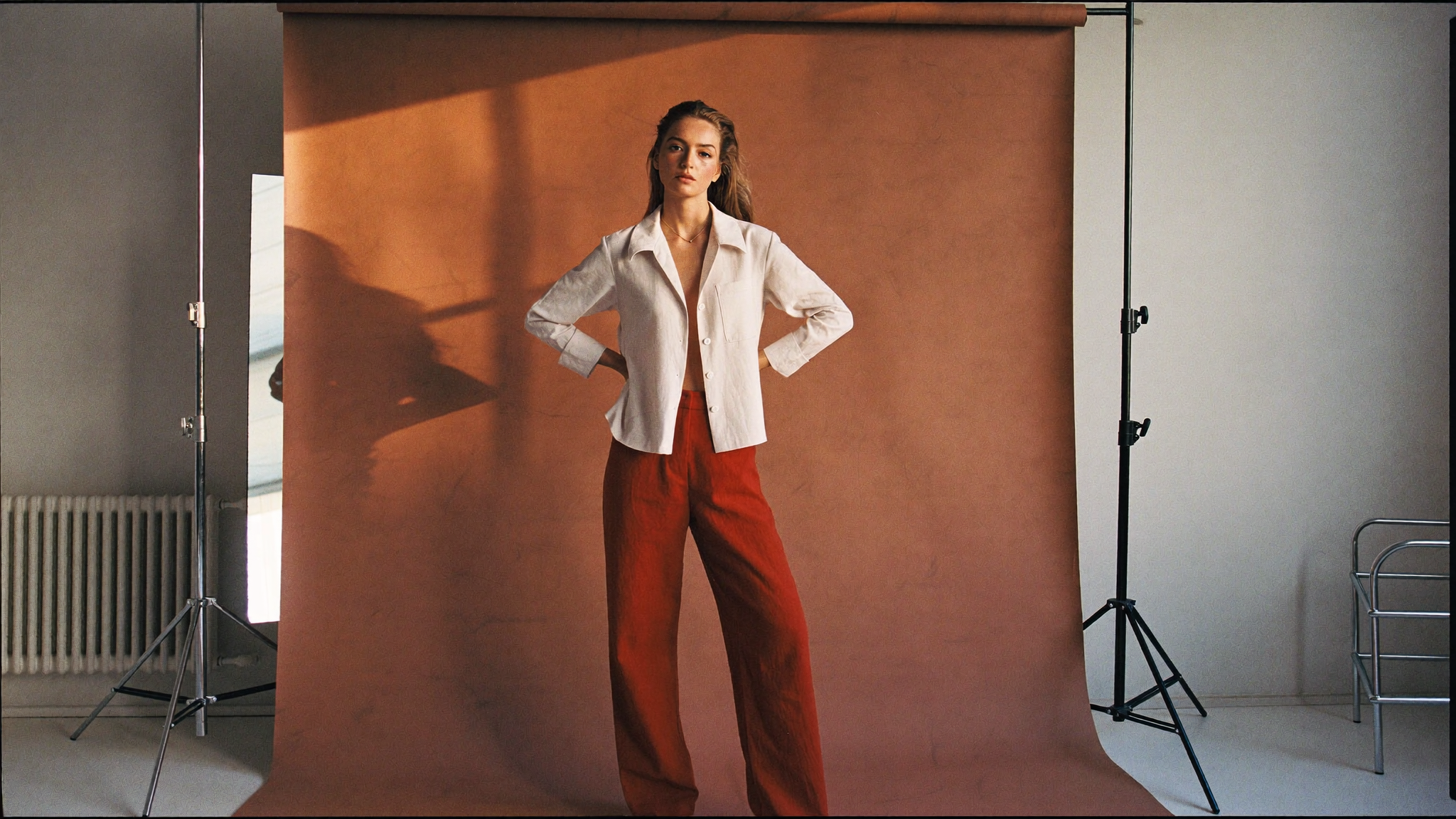 Editorial fashion portrait in earth-tone linen