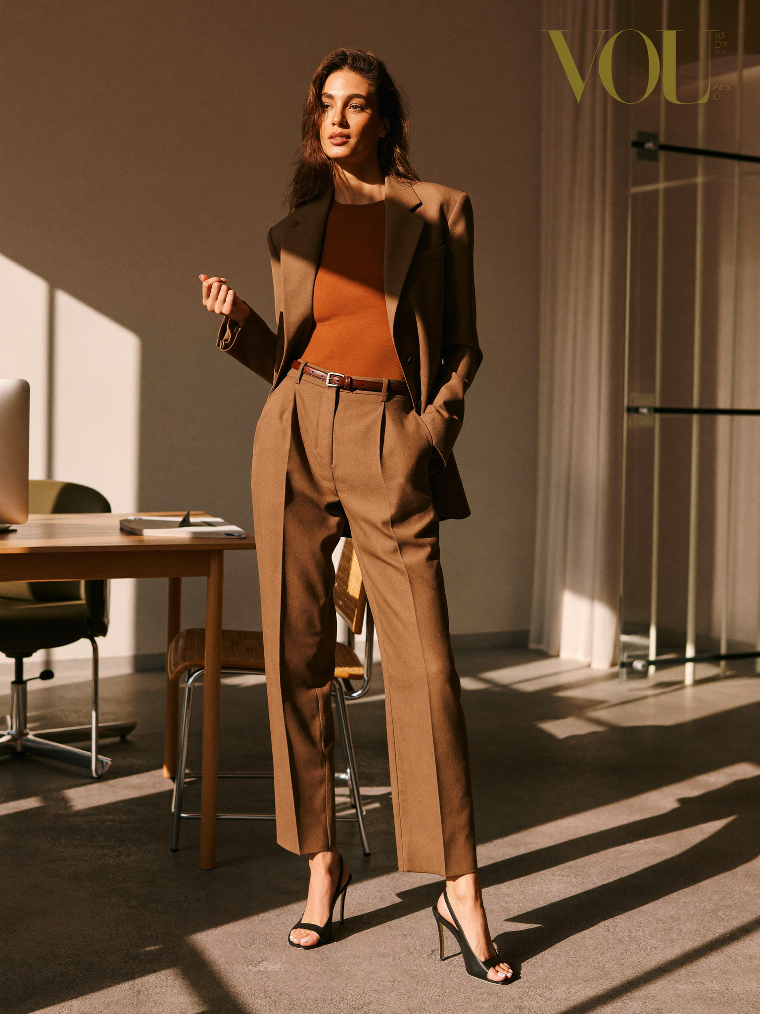 Woman in a tailored camel blazer, office wear editorial