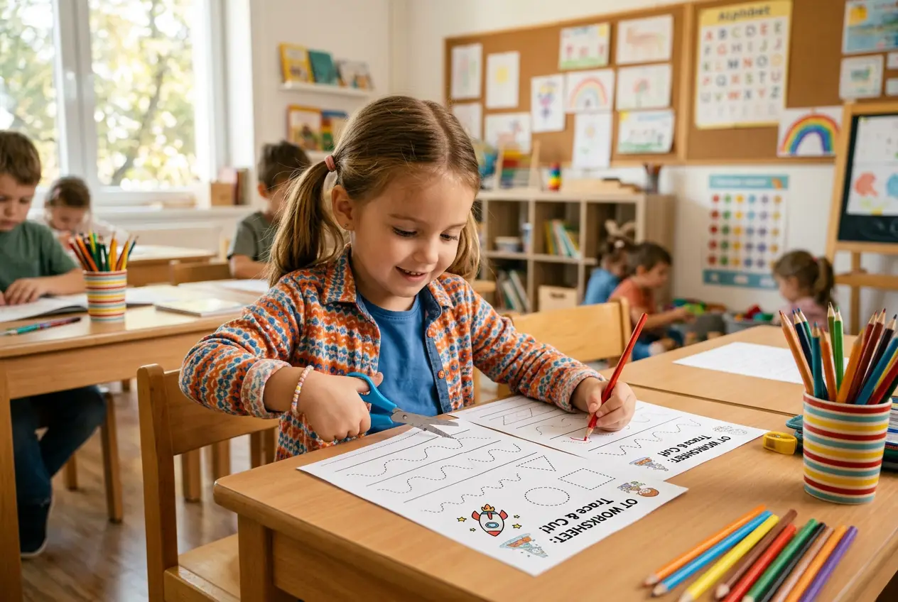 Child doing a worksheet in class