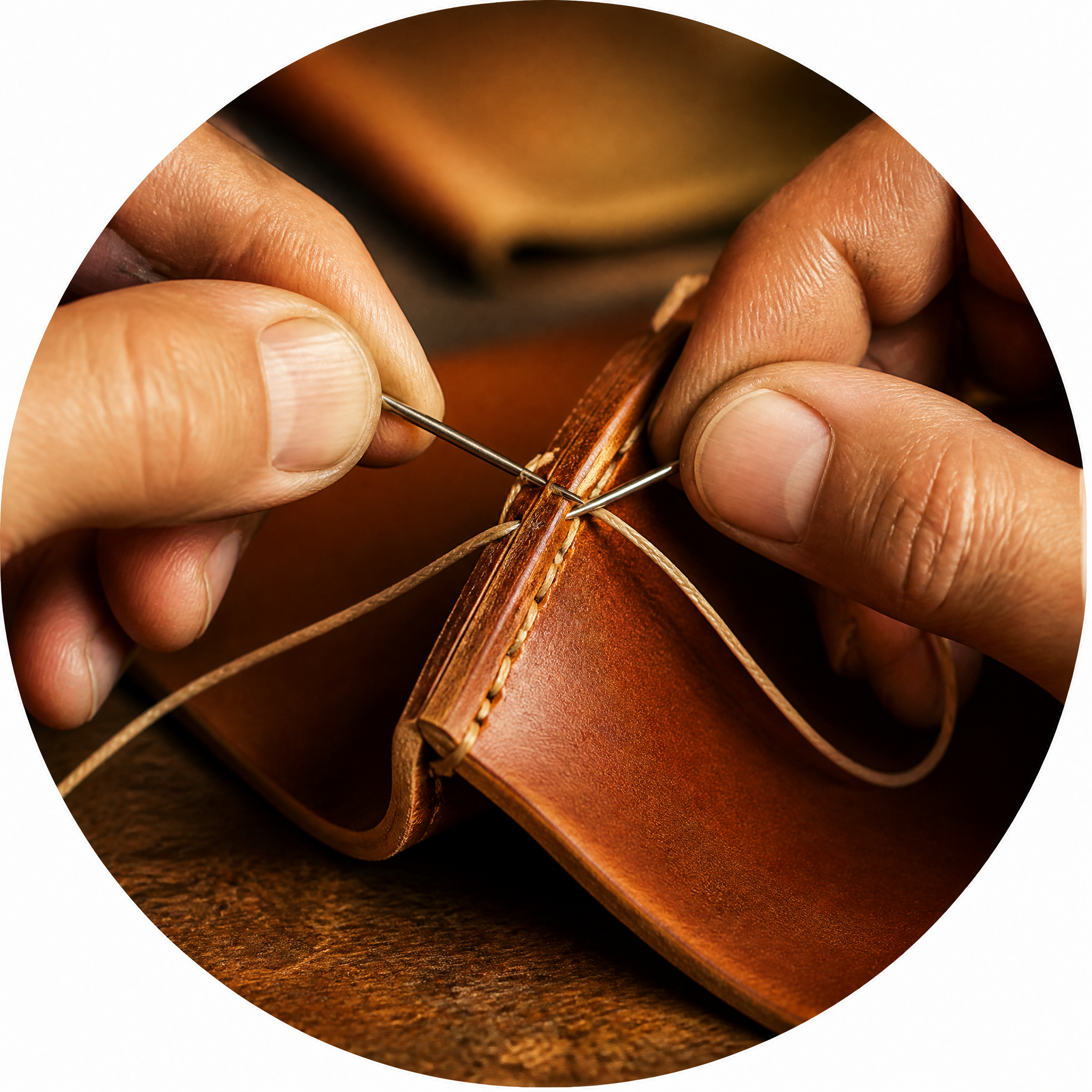 Crafter confidently stitching leather