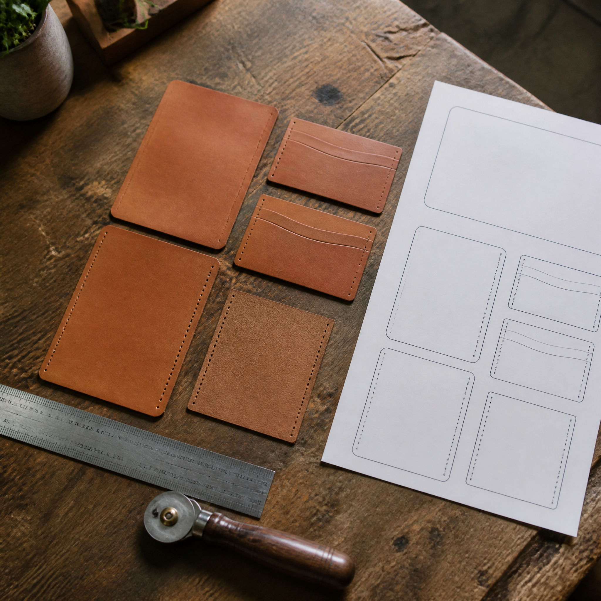 Bifold wallet pattern pieces cut from leather
