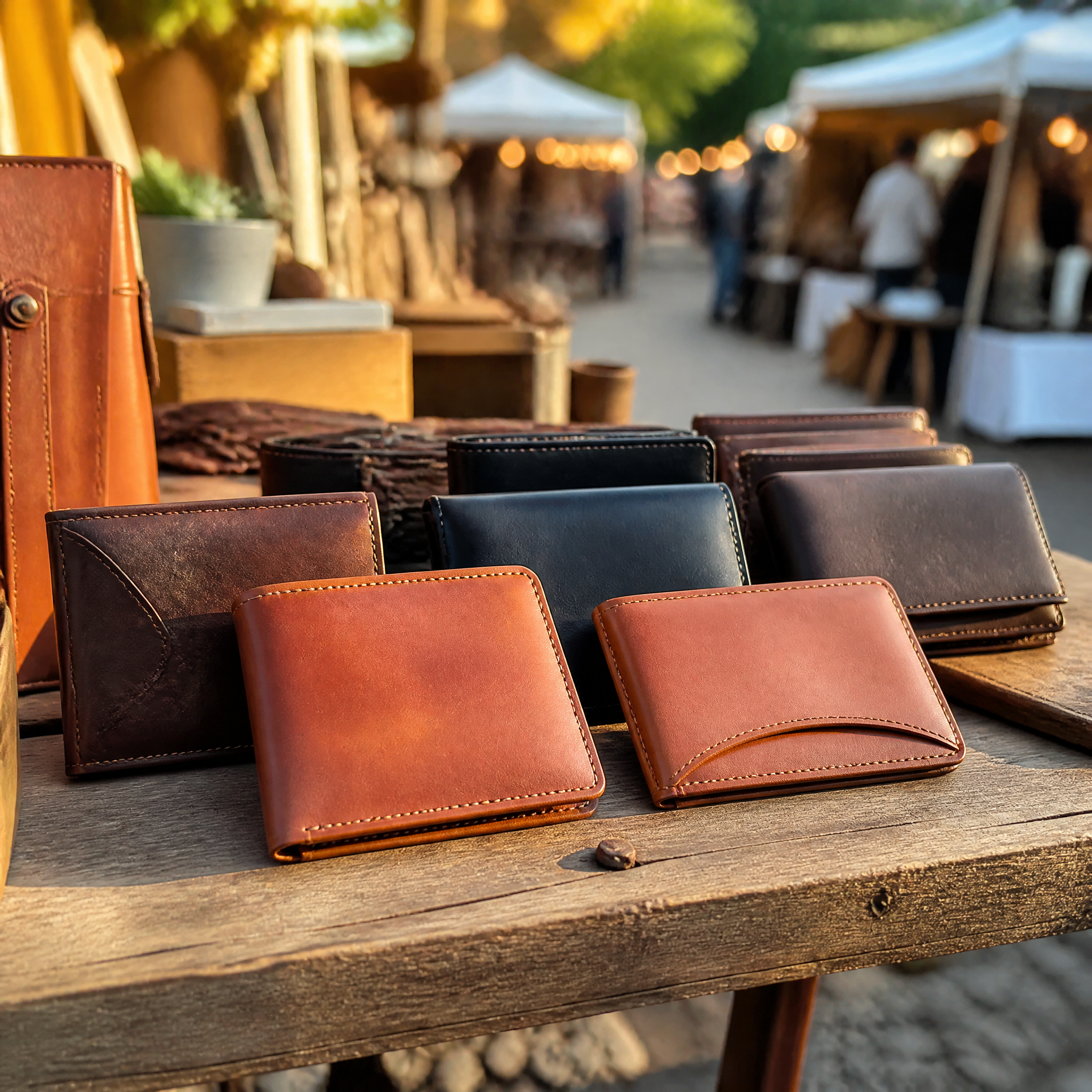 Finished leather wallets ready to sell at a market