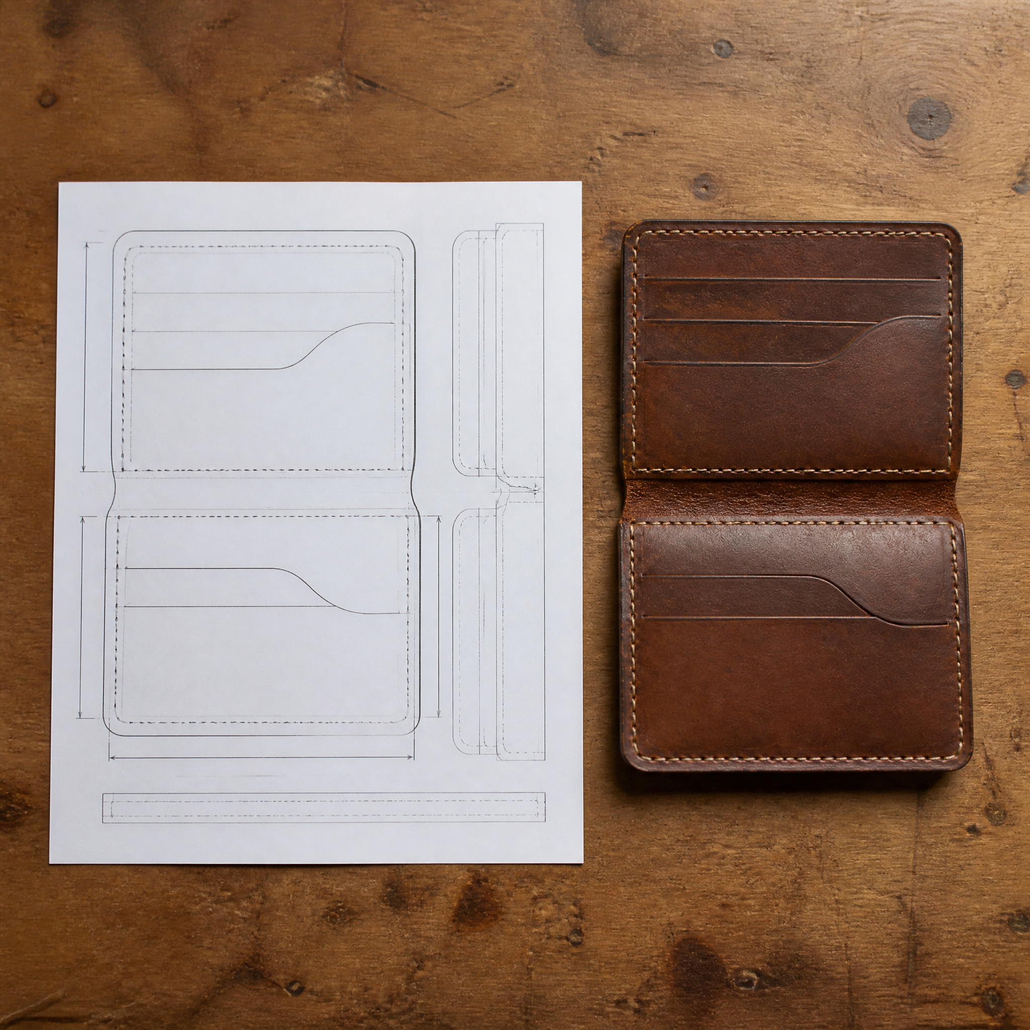 Finished bifold wallet next to its printed pattern