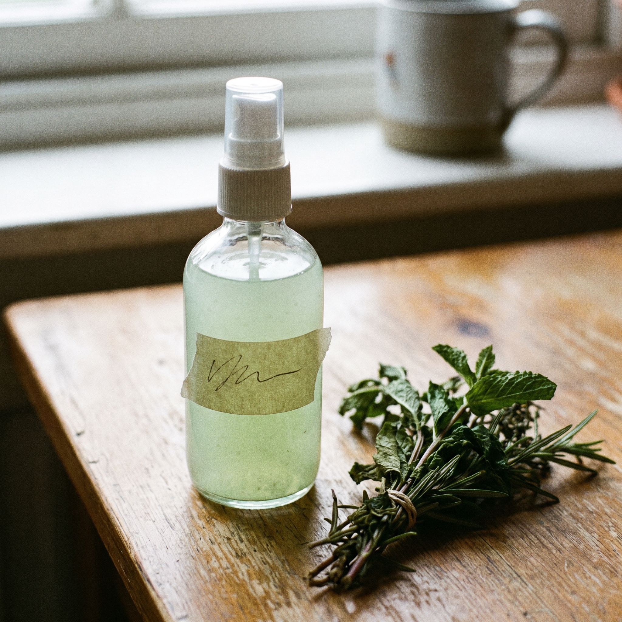Homemade herbal remedy spray bottle