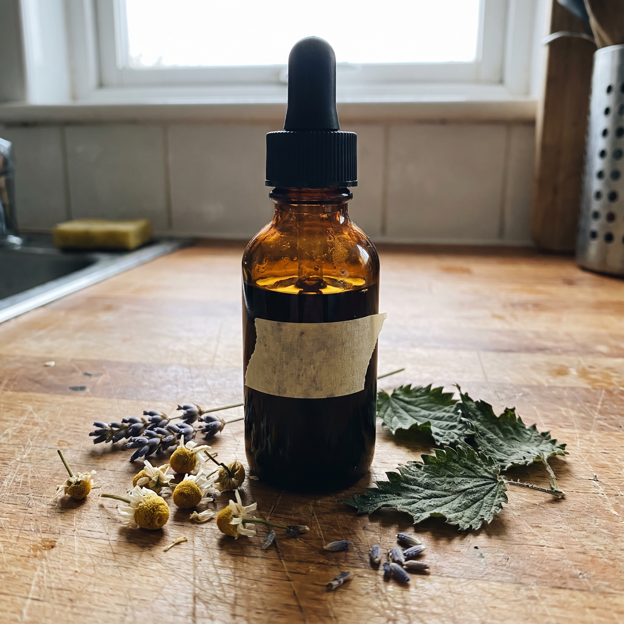 Homemade herbal tincture bottle