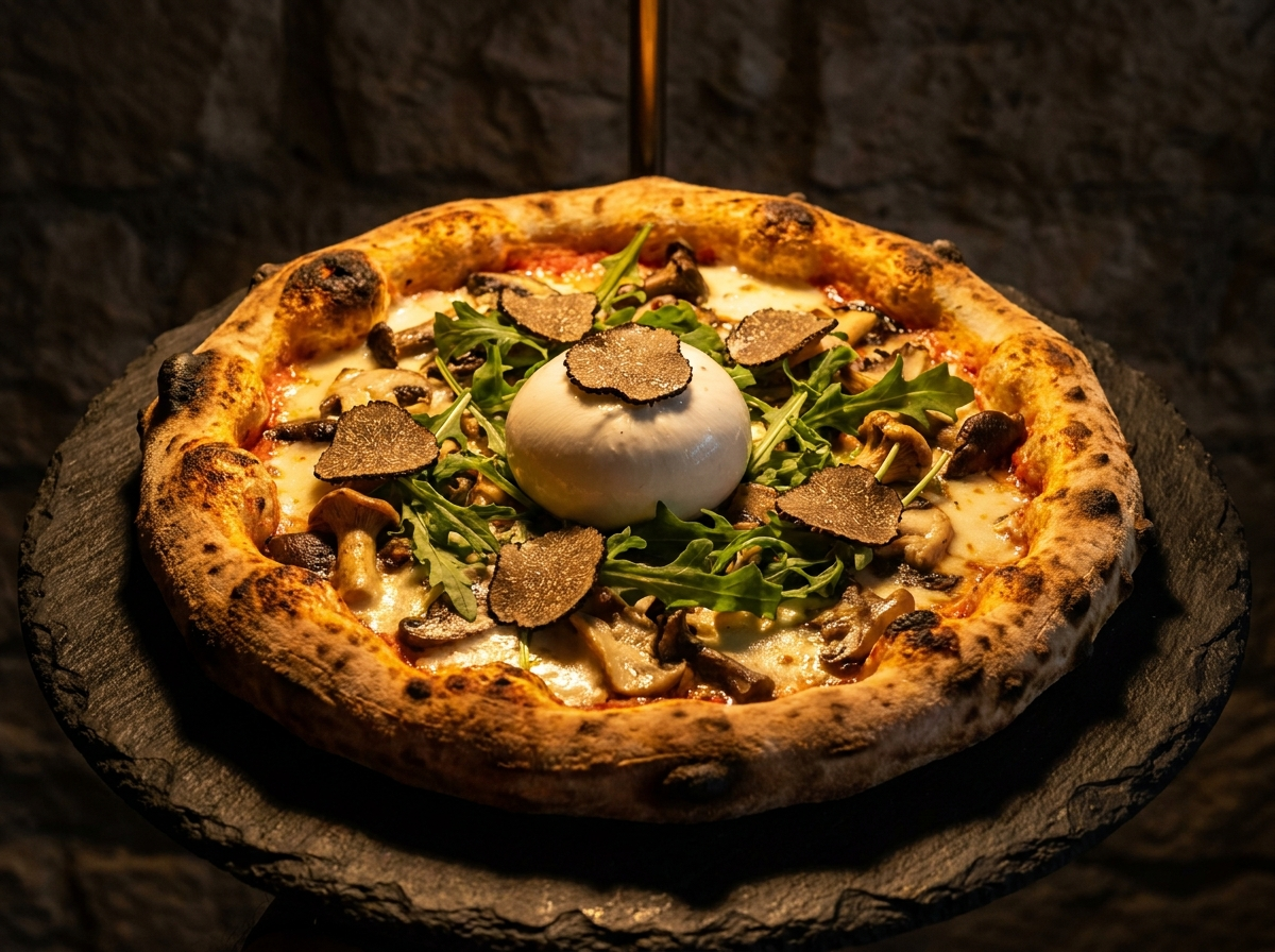 Pizza signature La Madrina – truffe noire, burrata, champignons sauvages