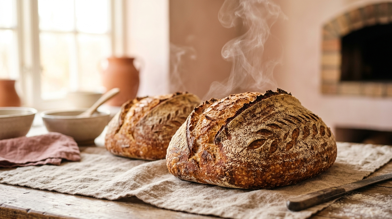 Freshly baked artisan sourdough loaves