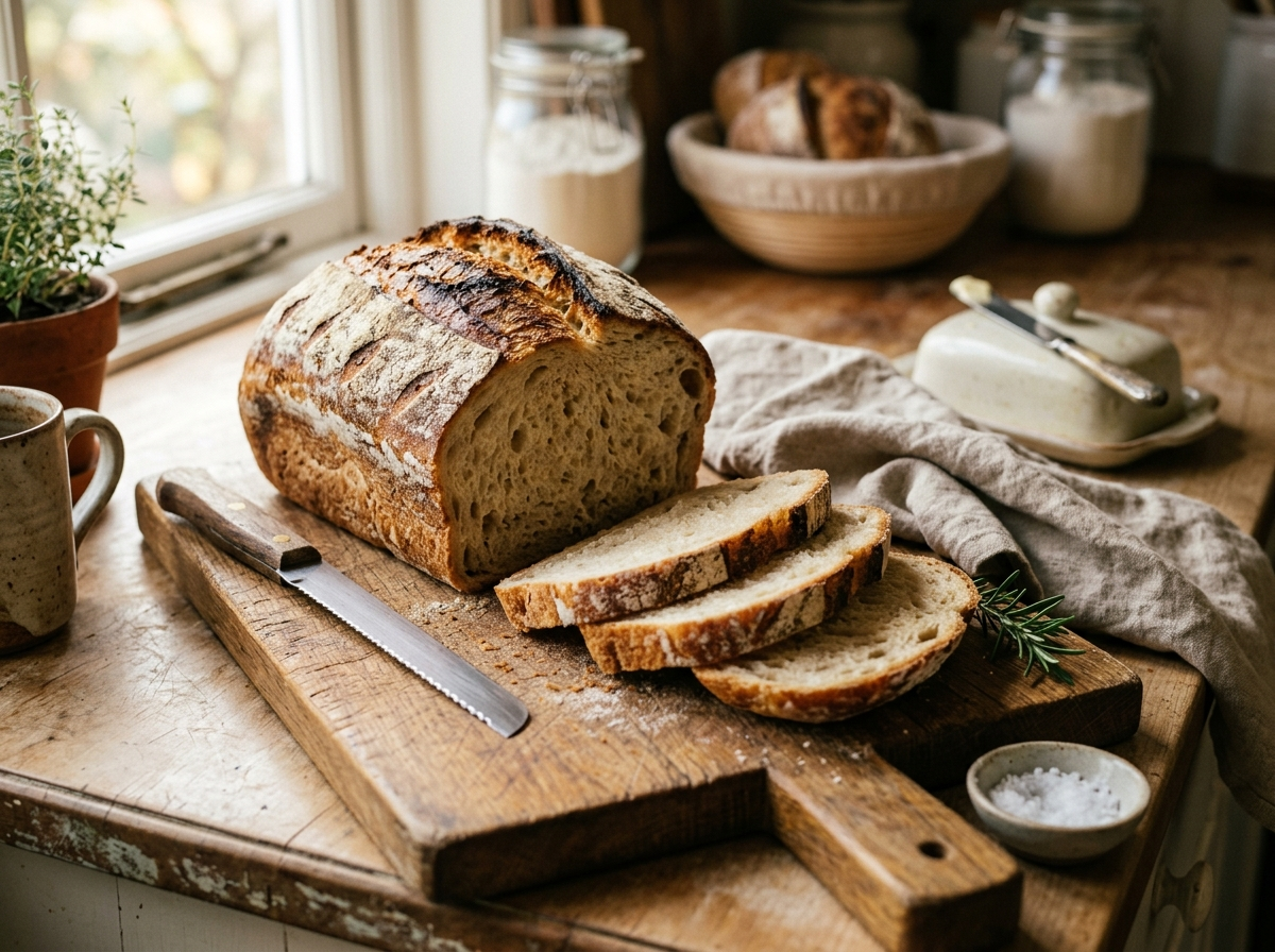 Fresh sourdough loaf on wooden board